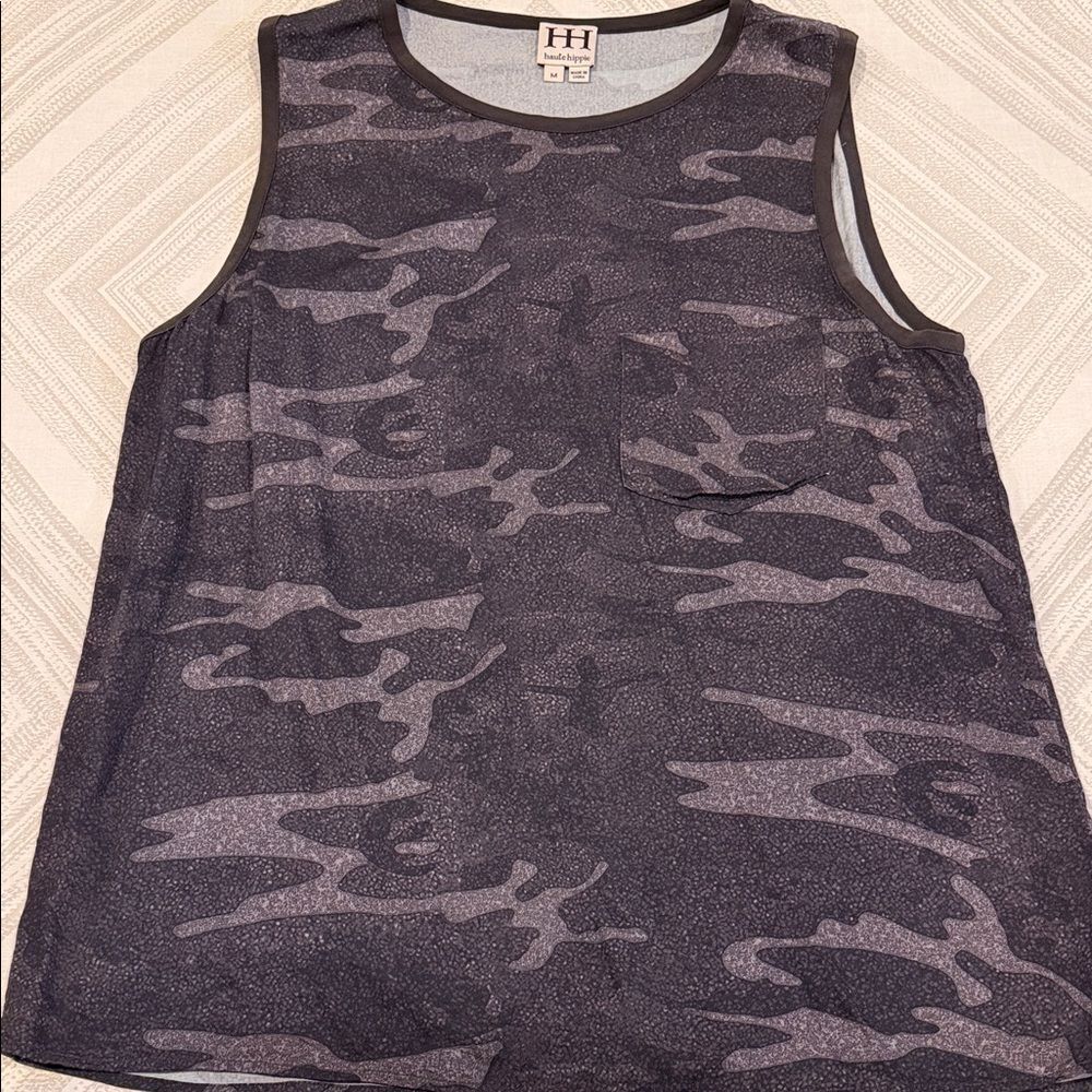 Haute Hippie Gray Camo Sleeveless Muscle Tank Top Women’s M Front Pocket